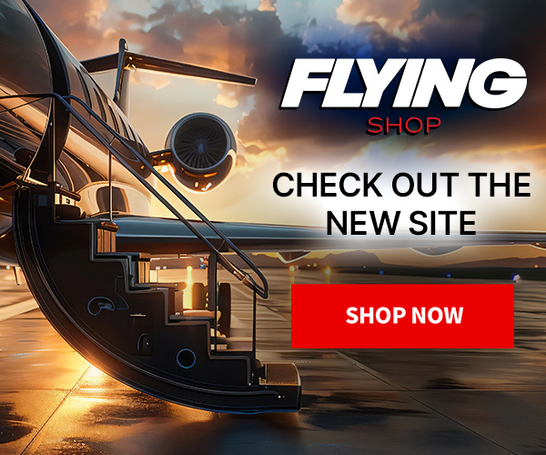 Image of a side of a plane with its stairs extended to link to our Flying e-com store.