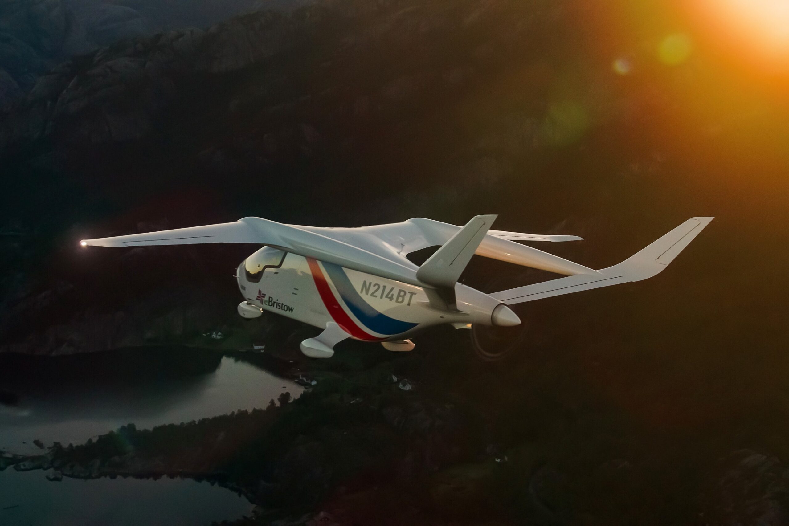 Beta Alia electric aircraft with Bristow livery flies over Norway during flight testing