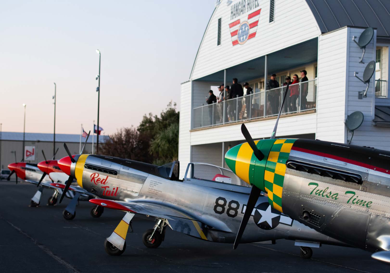 SW-51s crowd the ramp in front of spectators on the balcony of the 1940s-retro Hangar Hotel at Gillespie County Airport in 
Fredericksburg, Texas. [Credit: Glenn Watson]