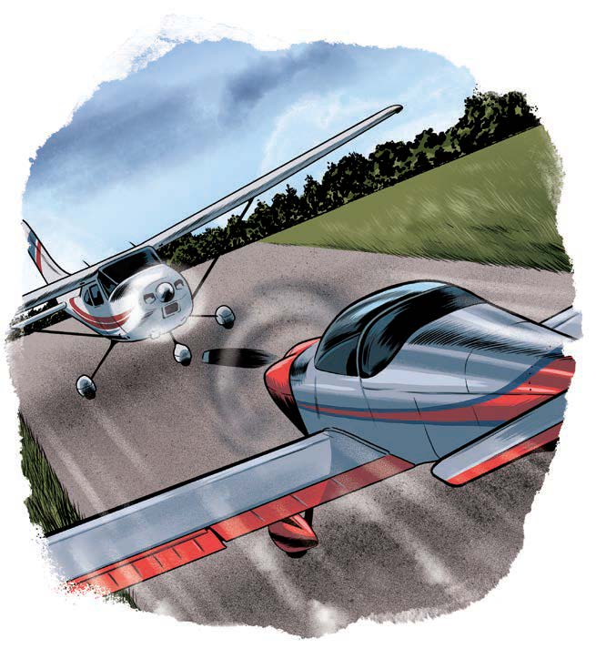 Be especially vigilant on runways you are most comfortable with. [Illustration: Joel Kimmel]