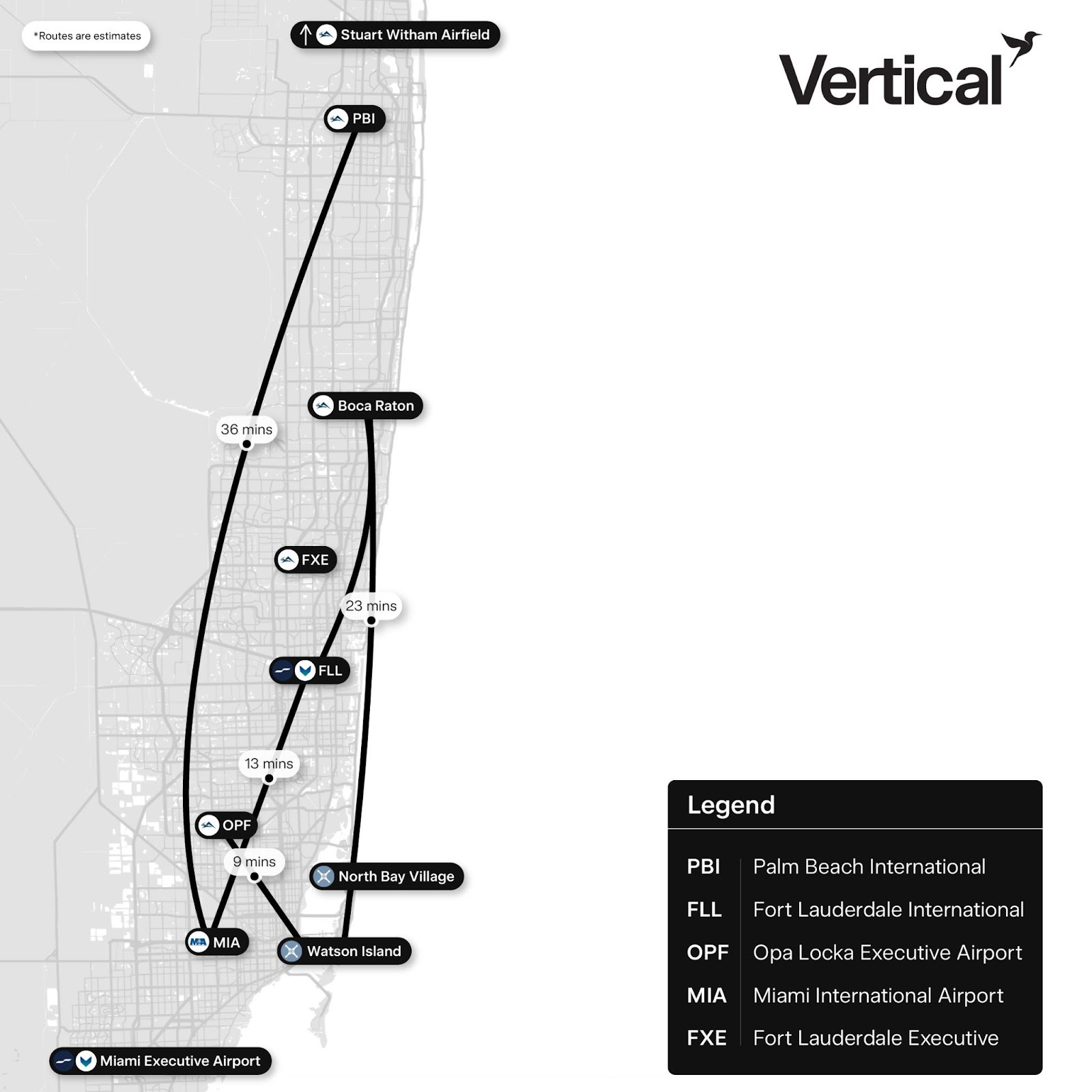 Vertical Aerospace proposed South Florida electric air taxi route network