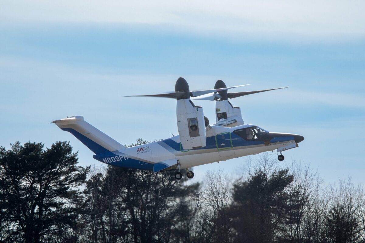 A Leonardo AW609 tiltrotor performs a test flight.