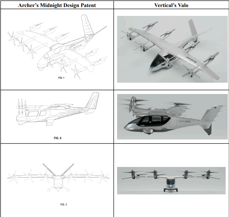 comparison between Archer patents for Midnight and Vertical's Valo electric air taxi design