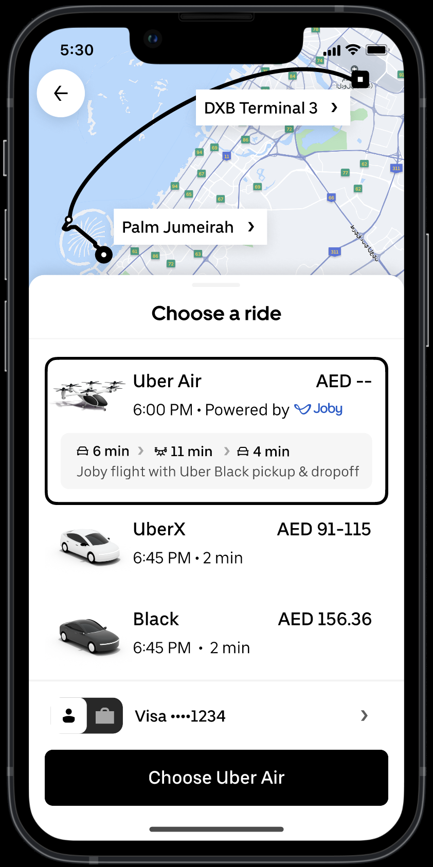 Joby electric air taxi sample trip on Uber app between Dubai Airport and Palm Jumeirah